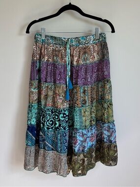 Silk Blend Whimsy Boho Patchwork Multicolor Tiered Skirt